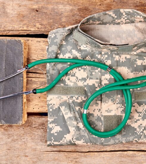 Military medic belongings, flat lay