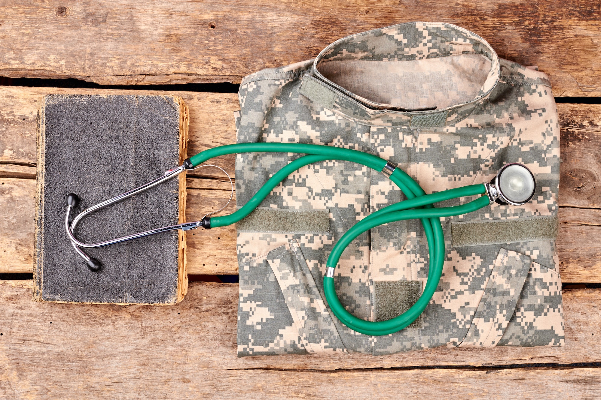 Military medic belongings, flat lay