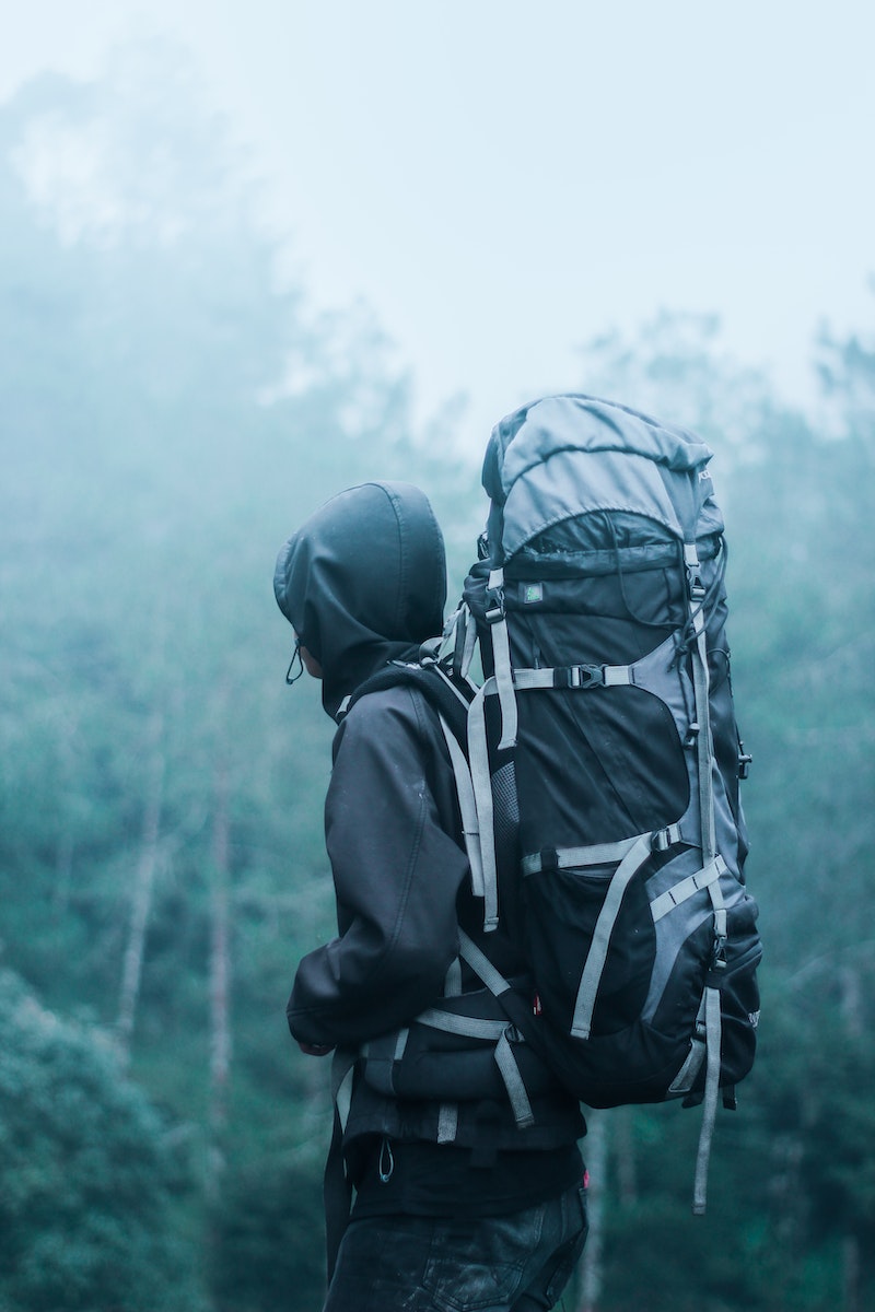 Man Wearing Black Hoodie Carries Black and Gray Backpacker Near Trees during Foggy Weather
